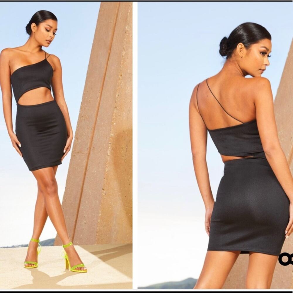 PrettyLittleThing Black Second Skin One Shoulder Cut Out Bodycon Dress 16